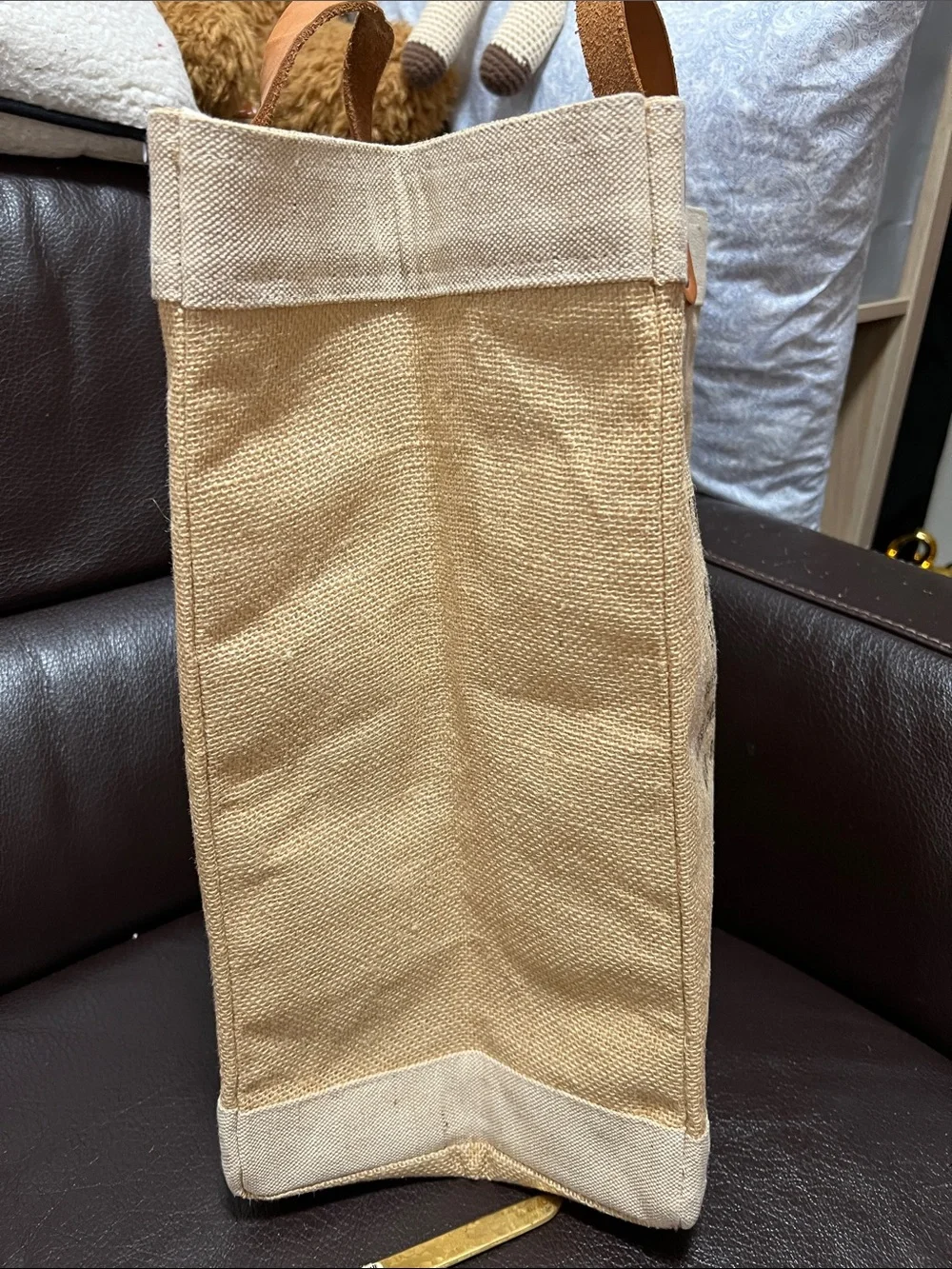 Farm Shop California Jute Tote Bag with Leather Handles - Tan